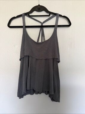 Kirra Charcoal Gray Boho Tiered Ruffle Tank Top - Strappy Open Back - Size Small